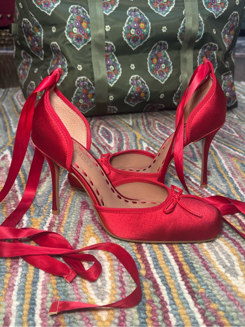 Steve Madden Red Satin Ankle-Tie Stiletto Pumps